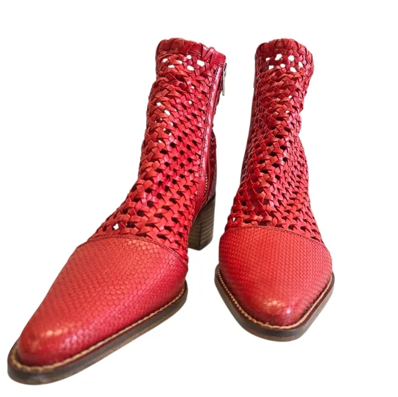 Free people In The Loop Red Leather Woven ankle  Boots - Picture 5 of 15